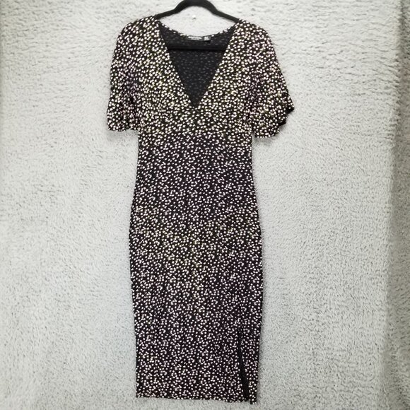 Nasty Gal Dress Womens 4 Black Pink Floral Short Sleeve V Neck Pencil Midi - Picture 1 of 12
